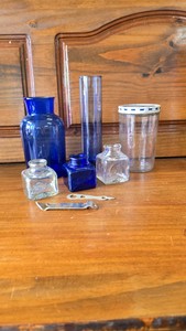 Blue Glass, Jiffy PB Jar, Tall Blue Vase,  3 Small Jars