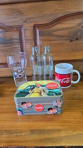 Coke Lot, Mug, 2 bottles, Glass, and Tin Box