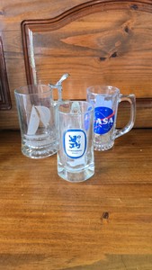 3 glass mugs, Lowenbraun, Munich- Nasa- 12 Meter Racing Sloop
