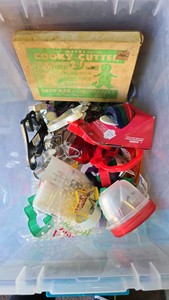 Small Tote of Baking Items, cookie Press, Cookie Cutters, Rosette Maker,  Tips for Decorating