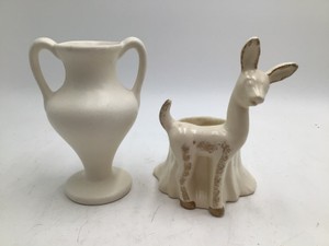 Vintage Ceramic Pair  White Amphora Vase & Standing Deer Planter  Vase