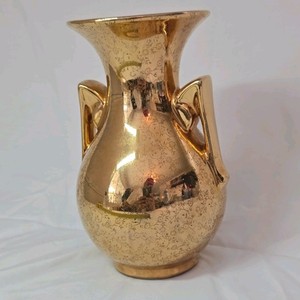 Vintage 22K Gold Luster Vase  Floral Etching, Two Handles, Made in USA