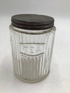 Vintage Embossed Glass Tea Canister  Ribbed Jar with Metal Lid