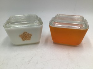 Pair of Vintage Pyrex Square Refrigerator Dishes  White & Amber with Flower Lids