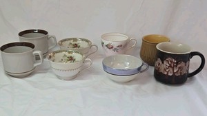 Vintage Teacups & Mugs  Mismatched Floral, Brown Rim & Tree Designs