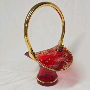 Vintage Ruby Red Glass Basket Vase  Gold Overlay Floral Design with Handle