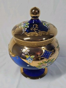 Vintage Cobalt Blue & Gold Enamel Trinket Jar  Floral & Scroll Design with Lid