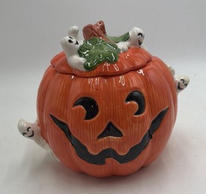 Vintage Halloween Pumpkin Ghost Cookie Jar  Ceramic with Lid, Omnibus Sri Lanka