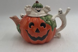 Vintage Fitz & Floyd Omnibus Pumpkin Ghost Teapot  Halloween Ceramic with Spooky Ghosts