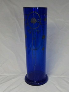 Vintage Cobalt Blue Glass Cylinder Vase  Enamel Floral & Scroll Design