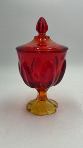 Vintage Amber & Ruby Red Glass Candy Jar  Floral Relief with Finial Lid