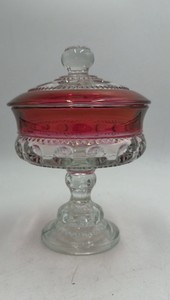 Vintage Ruby Red Glass Candy Dish  Footed Compote with Lid & Beaded Design