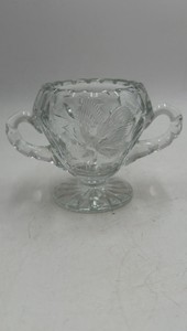 Vintage Crystal Sugar Bowl  Etched Butterfly & Floral Design, Two Handles