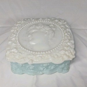 Vintage Milk Glass & Blue Cameo Jewelry Box  Lady Profile Lid with Floral Relief