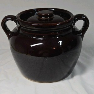 Vintage Brown Glazed Crockery Bean Pot  Two Handles with Lid, USA Marked