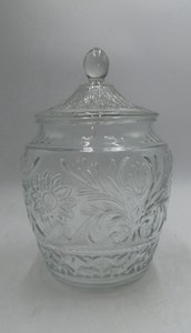 Vintage Clear Glass Canister Jar  Etched Sunflower & Floral Pattern with Lid