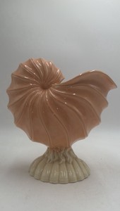 Vintage Ceramic Nautilus Shell Vase  Ridged Pink & Cream Design with Base