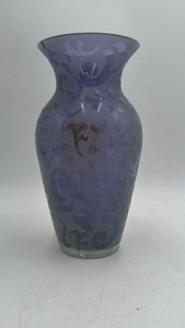 Vintage Cobalt Blue Glass Vase  Etched Floral Scroll Design, Michael Weems Collection