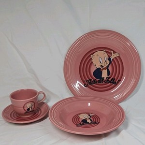 Vintage 1994 Fiesta Looney Tunes Porky Pig Rose Pink Set - Thats All Folks