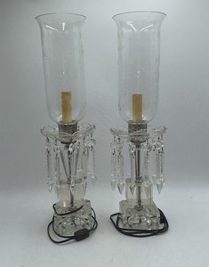 Vintage Pair of Crystal Table Lamps with Hurricane Shades