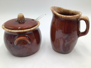 Vintage Hull Oven Proof Brown Drip Glaze Creamer and Sugar Set