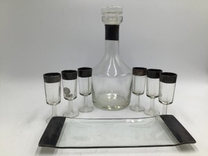 Vintage Black and Clear Glass Cordial or Liqueur Set