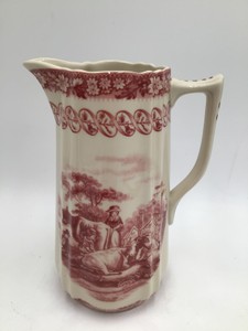 Vintage Red Transferware Pitcher with Pastoral Scene