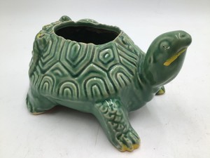 Vintage Green Glazed Ceramic Turtle Planter