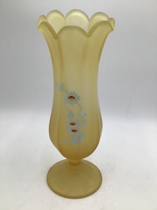 Vintage Fenton Custard Satin Yellow Vase Hand Painted Daisies Scalloped Rim