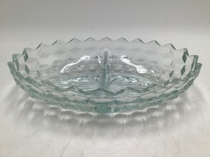 Vintage Clear Pressed Glass Divided Relish Dish Scalloped Zigzag Rim Diamond Pattern Center Handle