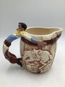 Vintage Cowboy Themed Ceramic Pitcher Bronco Rider Handle Western Barrel Design
