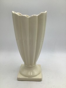 Vintage Cream Ceramic Fluted Fan Vase Scalloped Rim Square Pedestal Base