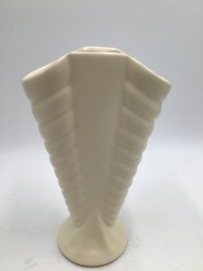 Vintage Cream Ceramic Fan Vase Ribbed Hourglass Form Scalloped Rim