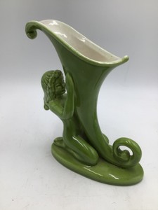 Vintage Green Glazed Cherub Cornucopia Vase