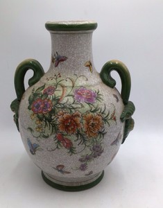 Chinese Crackle Glaze Vase with Floral and Butterfly Motifs Green Handles