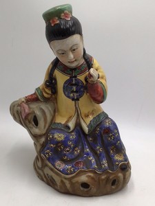 Vintage Chinese Porcelain Figurine Girl Riding Carp Incense Burner Crackle Glaze