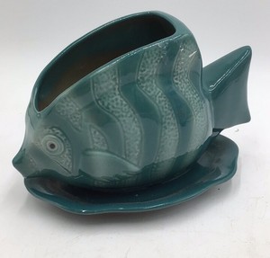 Vintage Teal Ceramic Fish Planter or Planter Pot Angelfish Shape with Saucer