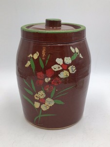 Vintage Brown Glazed Ceramic Canister with Hand-Painted Floral Design Green Lid