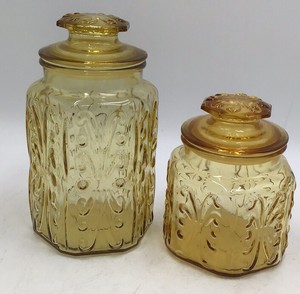 Pair of Vintage Amber Depression Glass Canisters Octagonal Faceted Floral Embossed with Lids