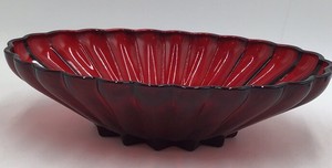 Vintage Red Glass Scalloped Fan Bowl Sunburst Center Raised Foot
