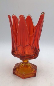 Vintage Blown Orange Amber Glass Tulip Vase Scalloped Petal Rim Hexagon Base