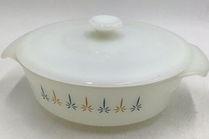 Vintage Fire-King Anchor Hocking Casserole Dish Atomic Starburst Pattern with Lid