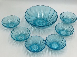 Vintage Blue Depression Glass Shell Bowl Set Scalloped Swirl Pattern 7-Piece