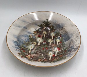 Pottery Barn Christmas Tree Candlelit Scene Oval Serving Platter Gold Rim Made in China