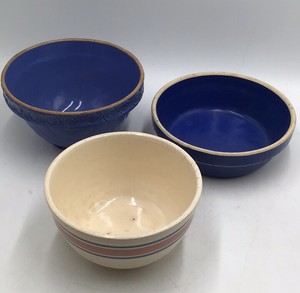 Vintage Blue and Cream Ceramic Mixing Bowl Set Embossed Rim & Striped Patterns
