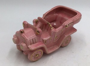 Vintage Pink Ceramic Model T Car Planter Gold Accents Open Top Novelty