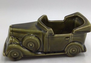 Vintage Floralaine USA Green Ceramic Model T Car Planter #532 Gold Accents