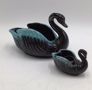Vintage Black Swan Ceramic Planter Set Teal Drip Glaze Mother and Baby Novelty