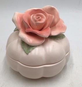 Vintage 1987 FFF Taiwan Pink Rose Pumpkin Trinket Box Lidded Ceramic