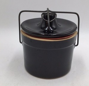 Vintage Black Ceramic Cookie Kettle Jar with Wire Bail Handle Made in Japan